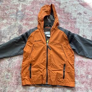Columbia Kids Colorblock Windbreaker Jacket Orange Gray Hooded Zip Size 10/12